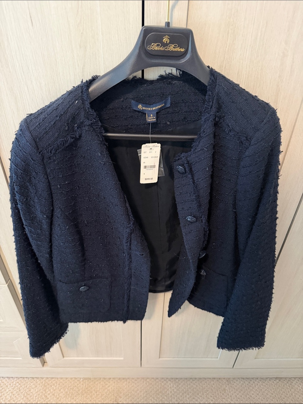 Brooks Brothers Navy Textured Tweed Cropped Blazer